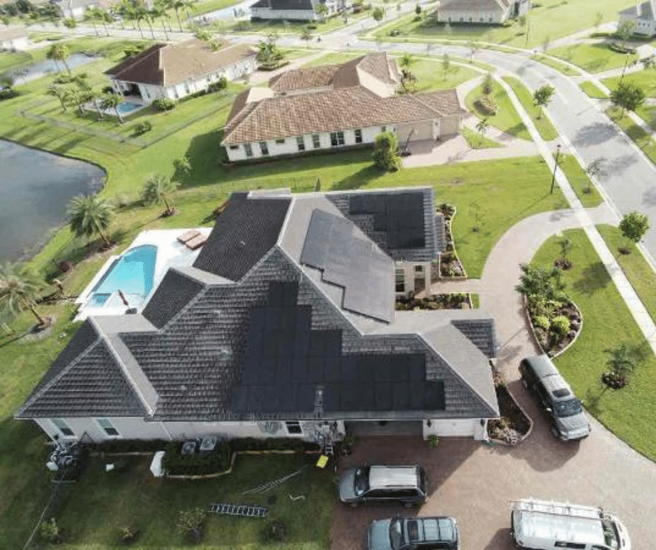 aerial view of solar panels on gray roof