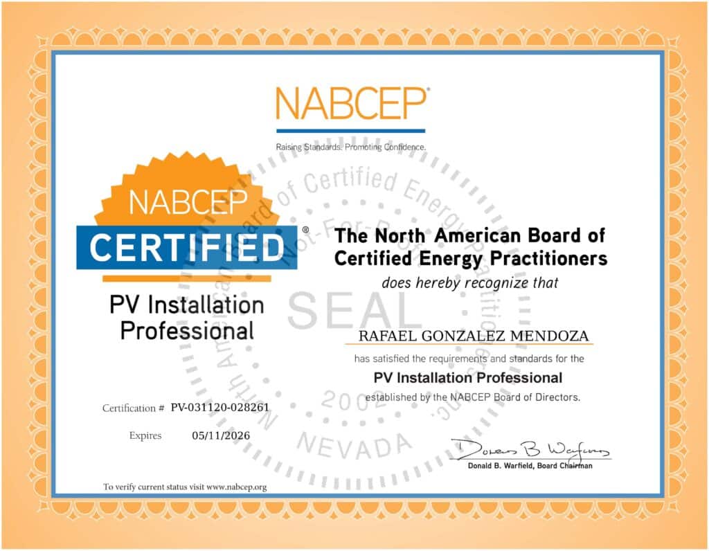 NABCEP certified pv installation professional