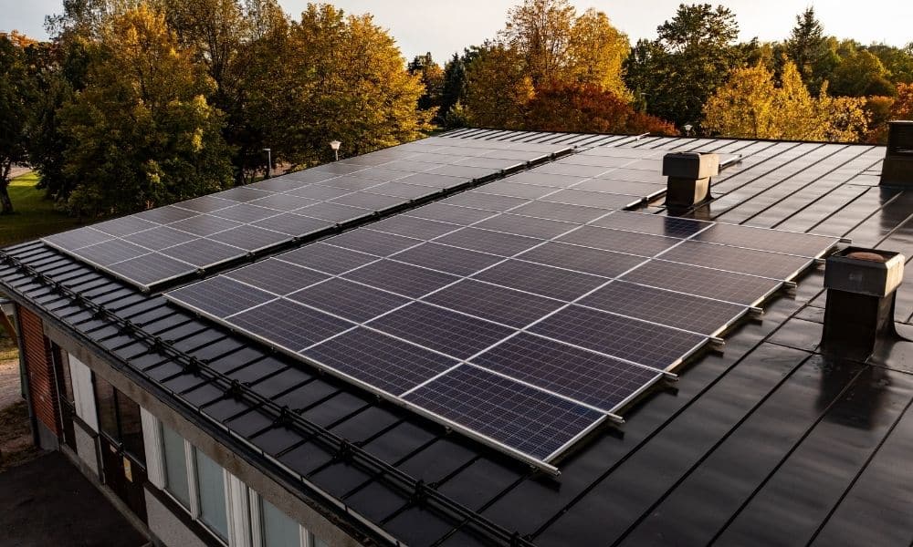 sunsetting reflecting off solar panels