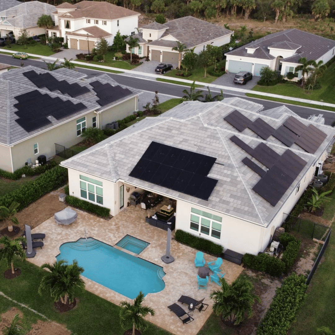 aerial shot of solar panels on a house