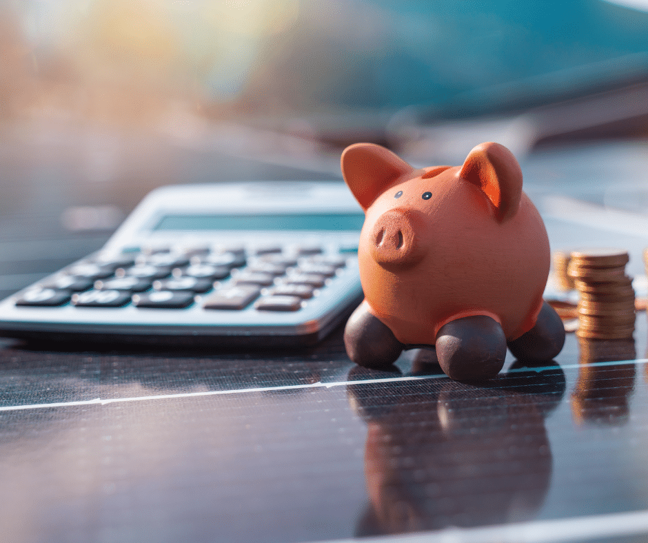 closeup of piggybank coins and calculator