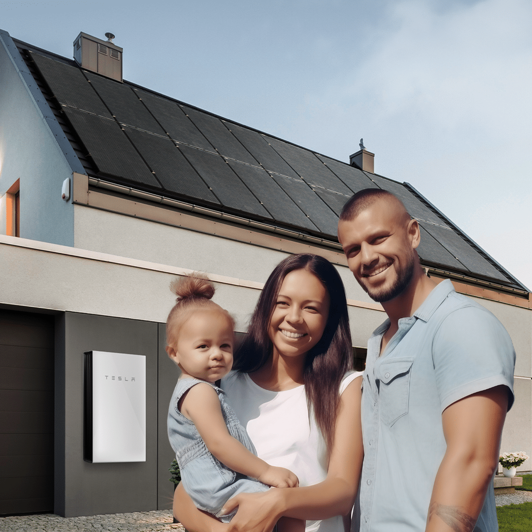 family next to tesla powerwall and battery