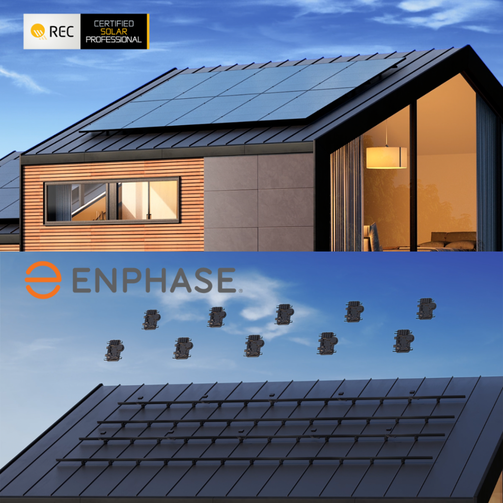Two images of a Solar Powered Home. Top with REC Solar Panels and Bottom with Enphase IQ Microinverters