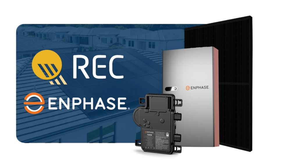image showing rec solar and enphase solar logos and enphase microinverter and batter and rec solar panel