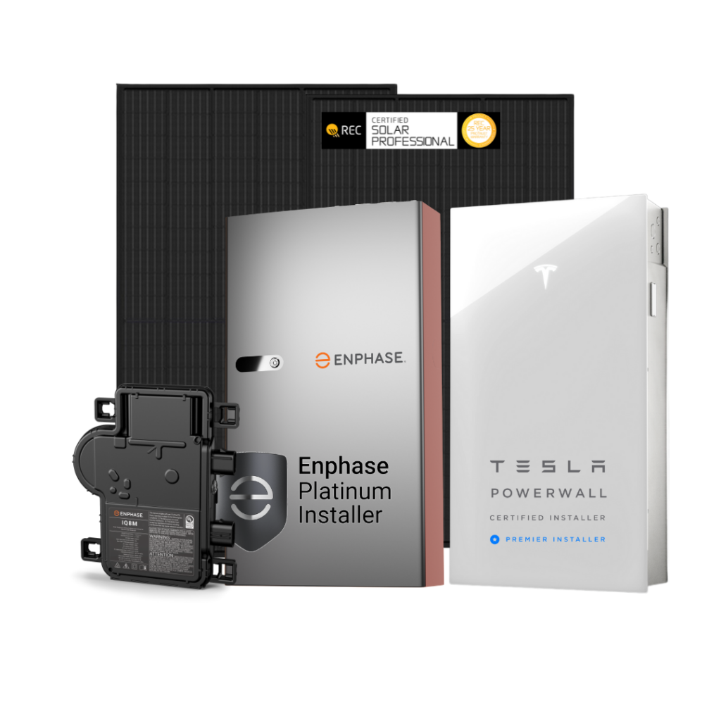 Solar Panels from REC pictured with Enphase IQ8M Microinverter and Battery with Tesla Powerwall