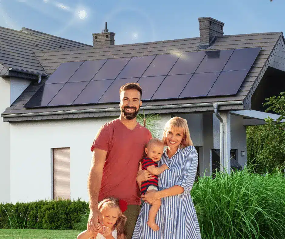 happy family using solar power