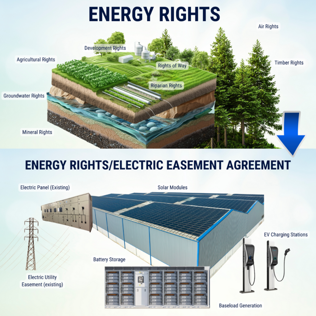 An infographic depicting the concept of Energy Rights and Electric Easement Agreements. On the left side, various land rights are shown, including Agricultural Rights, Groundwater Rights, Mineral Rights, and others. On the right side, elements related to energy generation are illustrated, including solar panels, battery storage, electric utility easements, and electric vehicle (EV) charging stations. A flow arrow connects the two sides, indicating the transition from land rights to energy generation infrastructure.