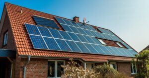 One-story home with a big, inclined roof covered in clay brown shingles with multiple solar panels installed.