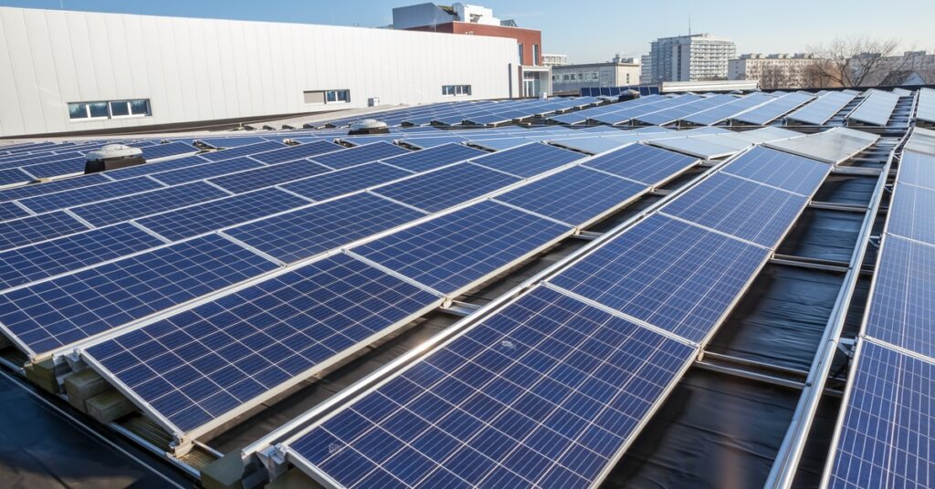 Why Businesses Are Choosing Commercial Solar Power Solutions 1 Multiple rows of large solar panels slightly raised at an angle on top of a commercial building on a sunny day.