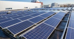 FAQ 3 Multiple rows of large solar panels slightly raised at an angle on top of a commercial building on a sunny day.