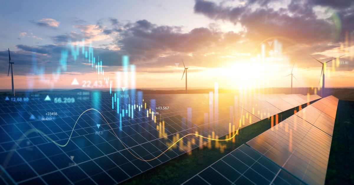 A pricing chart superimposed over long rows of solar panels with wind turbines in the background at sunset.