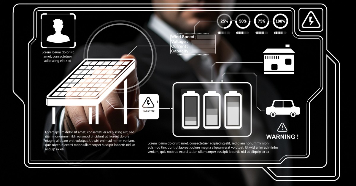 A man touching a digital graphic floating in front of him, displaying different energy logos, information, and warnings.