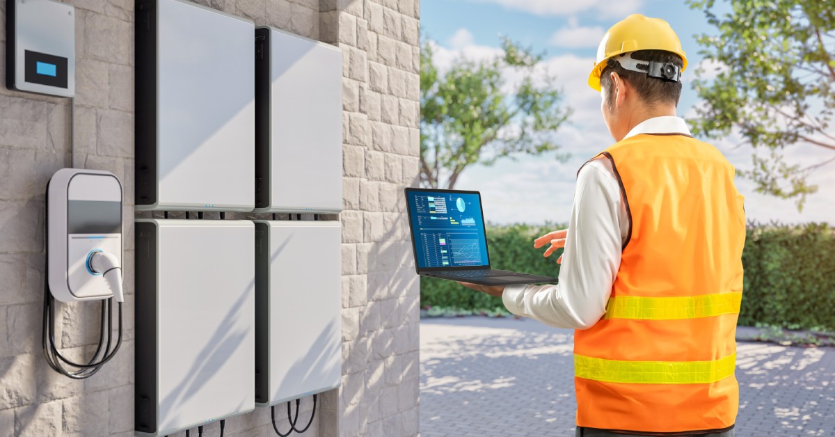 Learn 6 A worker wearing a helmet and safety vest, holding a laptop in front of multiple batteries attached to the wall.