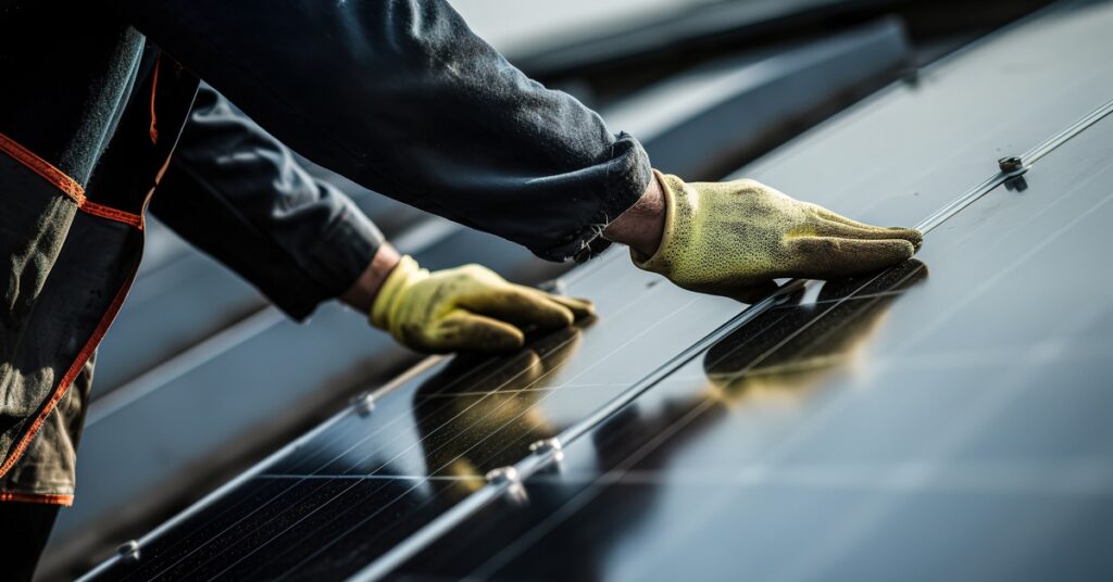 Engineering Behind Modern Solar Power Solutions 5 A close-up of the hands of a worker, wearing yellow gloves and a blue uniform, touching a large solar panel.