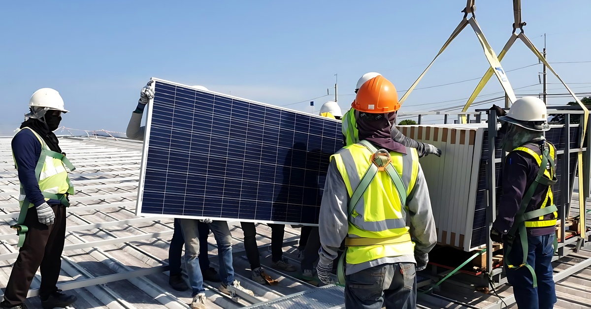 Structural Analysis for Commercial Solar Installation 2 Multiple construction workers handling solar panels on a roof, with a crane holding multiple panels with straps.