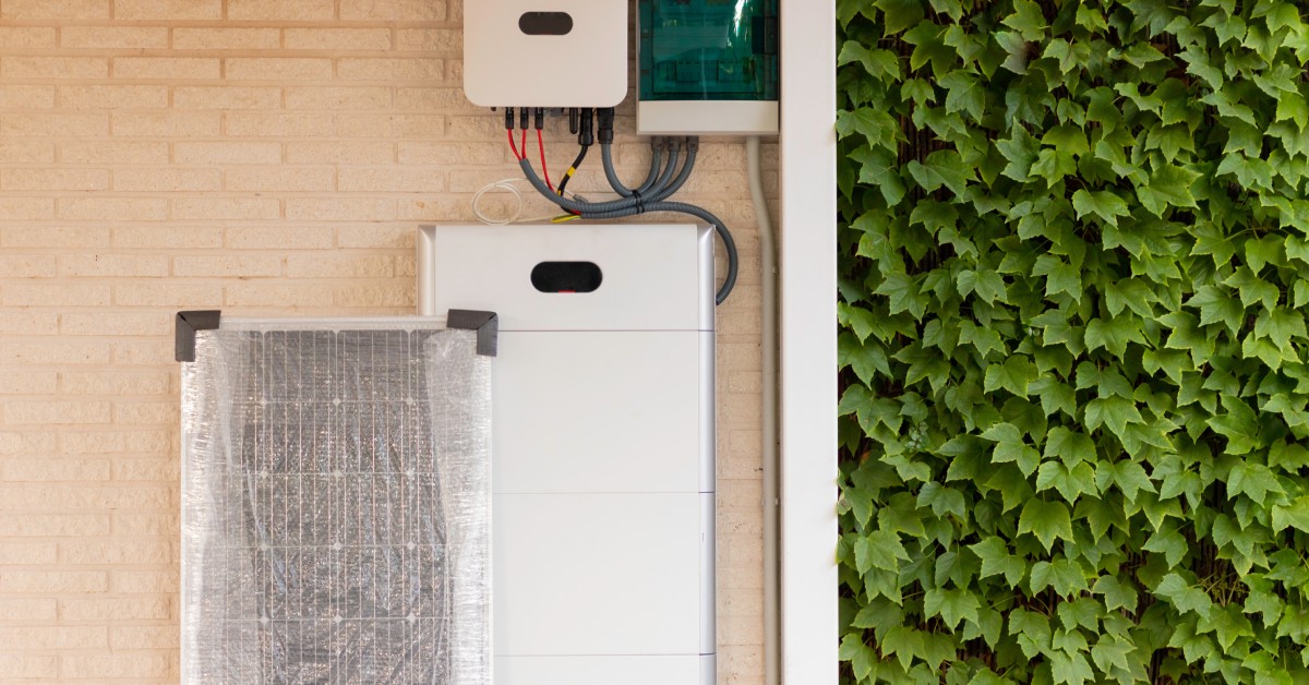 Integrating Tesla Powerwalls With Electrical Systems 2 A long solar inverter with multiple connections, placed on a wall next to another wall covered in green leaves.