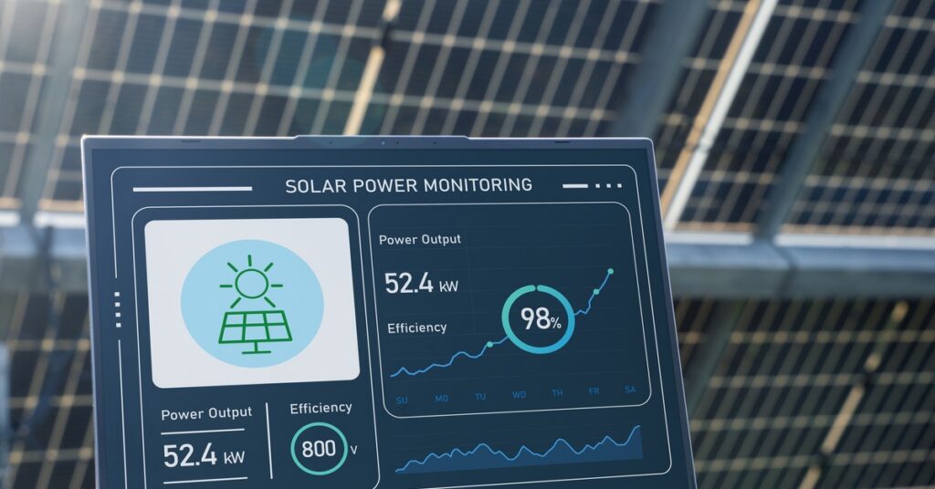 Lifespan of Critical Solar Electric System Components 2 A small digital screen displaying graphics about solar power monitoring, placed behind a large solar panel outdoors.