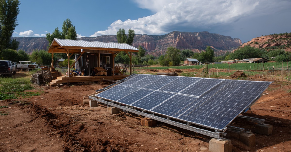 Two rows of solar panels on a small dirt pile over thick bricks, next to a small cabin on a large piece of land.