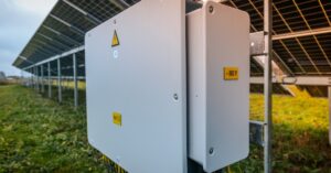 FAQ 4 A close-up of a large inverter box placed under multiple rows of commercial solar panels in an open grass field.