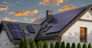 FAQ 3 A two-story home surrounded by small privacy trees, with a steep roof covered with multiple rows of solar panels.
