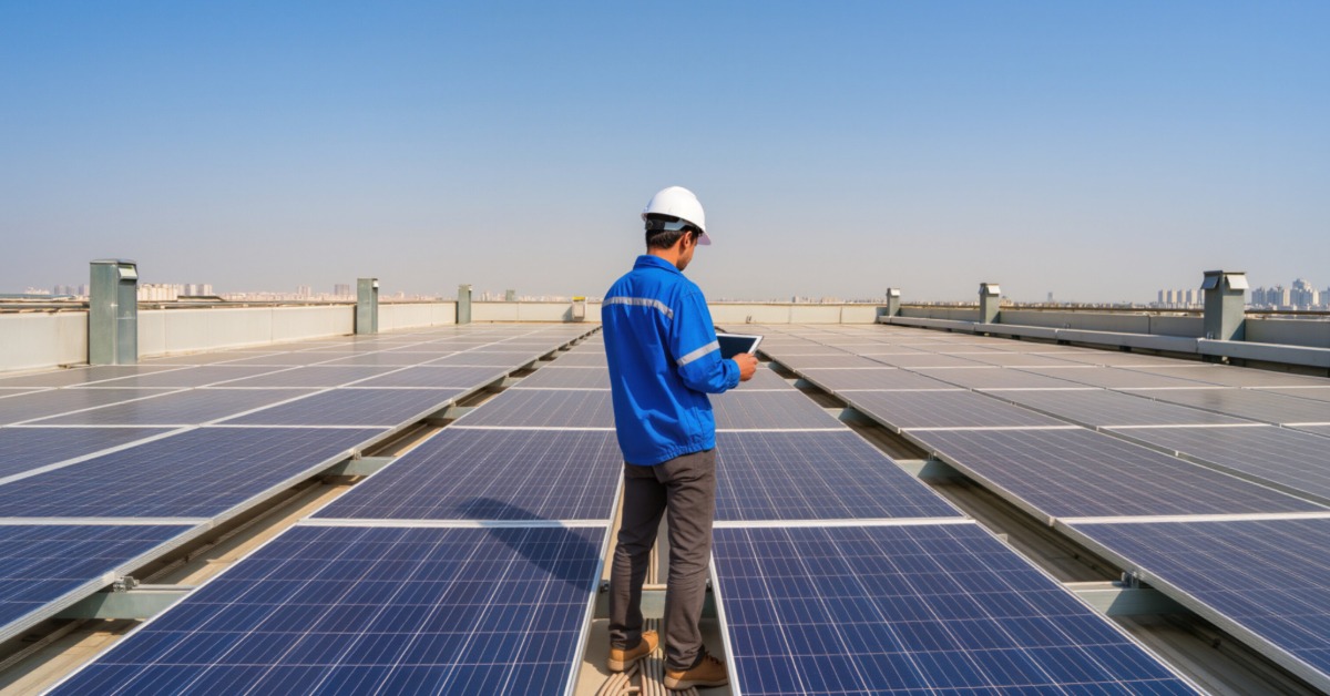 A Look at the Key Components of a Modern PV System 2 A worker wearing a white helmet holding a tablet while standing on a roof between long rows of solar panels.
