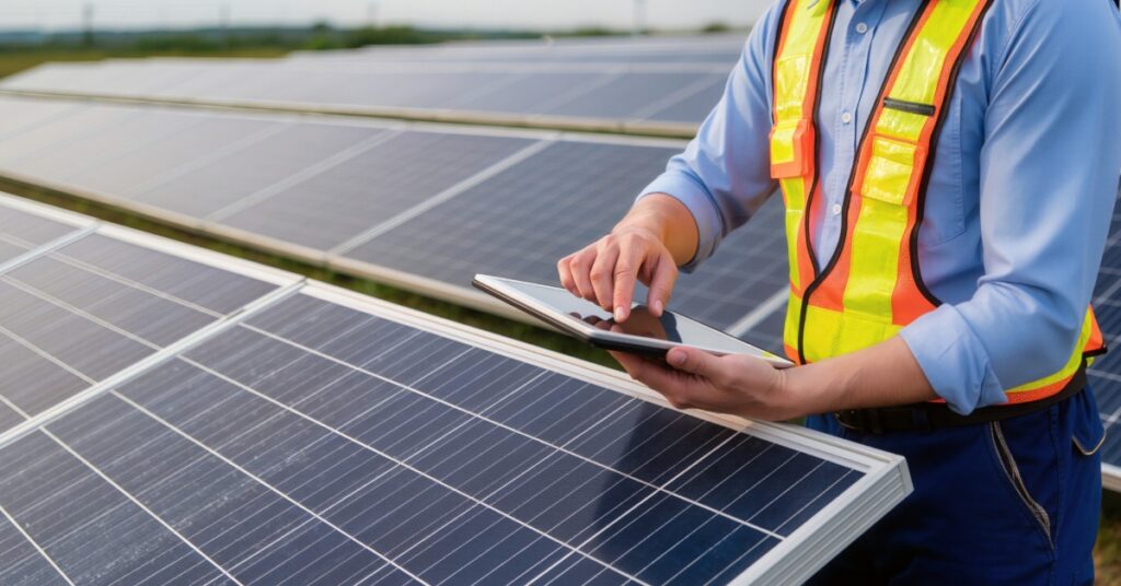 A Look at the Key Components of a Modern PV System 1 A worker wearing a safety orange vest while holding a tablet with both hands on top of a long row of solar panels.