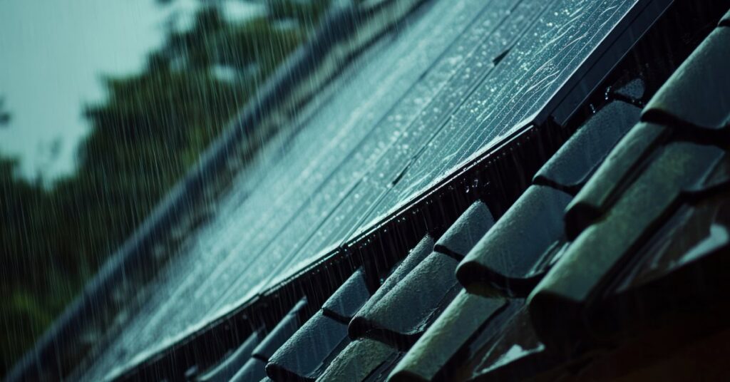 A close-up of a row of solar panels placed on a tiled roof with heavy rain pouring on them on a stormy day.