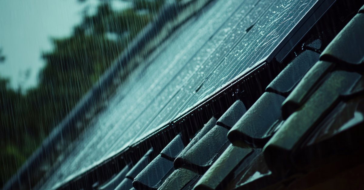 A close-up of a row of solar panels placed on a tiled roof with heavy rain pouring on them on a stormy day.