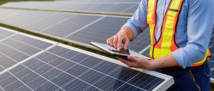 A worker wearing a safety orange vest while holding a tablet with both hands on top of a long row of solar panels.