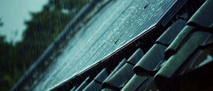 A close-up of a row of solar panels placed on a tiled roof with heavy rain pouring on them on a stormy day.