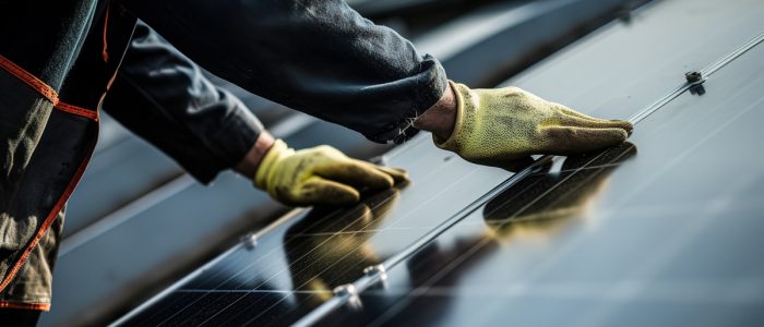 A close-up of the hands of a worker, wearing yellow gloves and a blue uniform, touching a large solar panel.