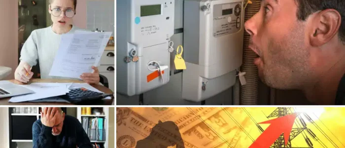 montage of people looking at bills