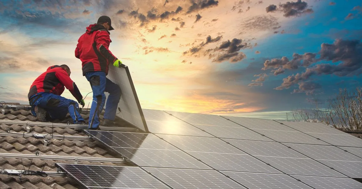 Two workers wearing red jackets installing a large solar panel on a roof with old brown shingles and more panels.