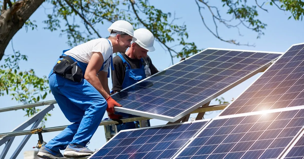 Two workers installing a large solar panel onto a large metal structure on the roof of a home next to a tree.