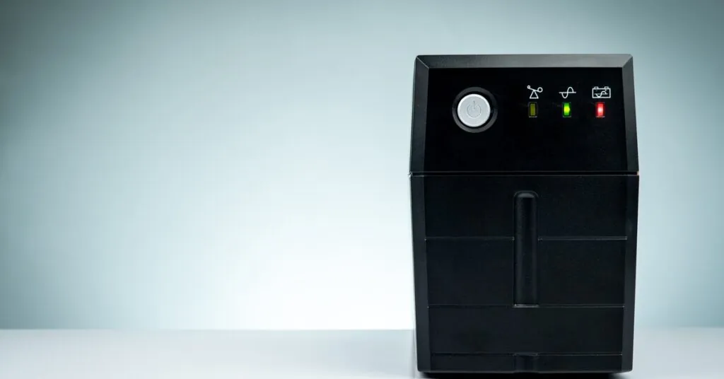 A black powerwall box with a power button and three activity lights placed on a white surface with a white background.