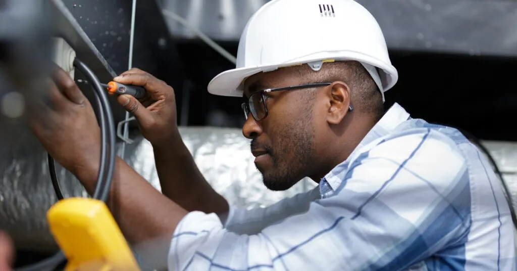 Tesla Powerwall Explained: A Smart Backup Power Solution 1 An electrician wearing a white helmet using a small screwdriver on a small white box on the wall with large black cables.