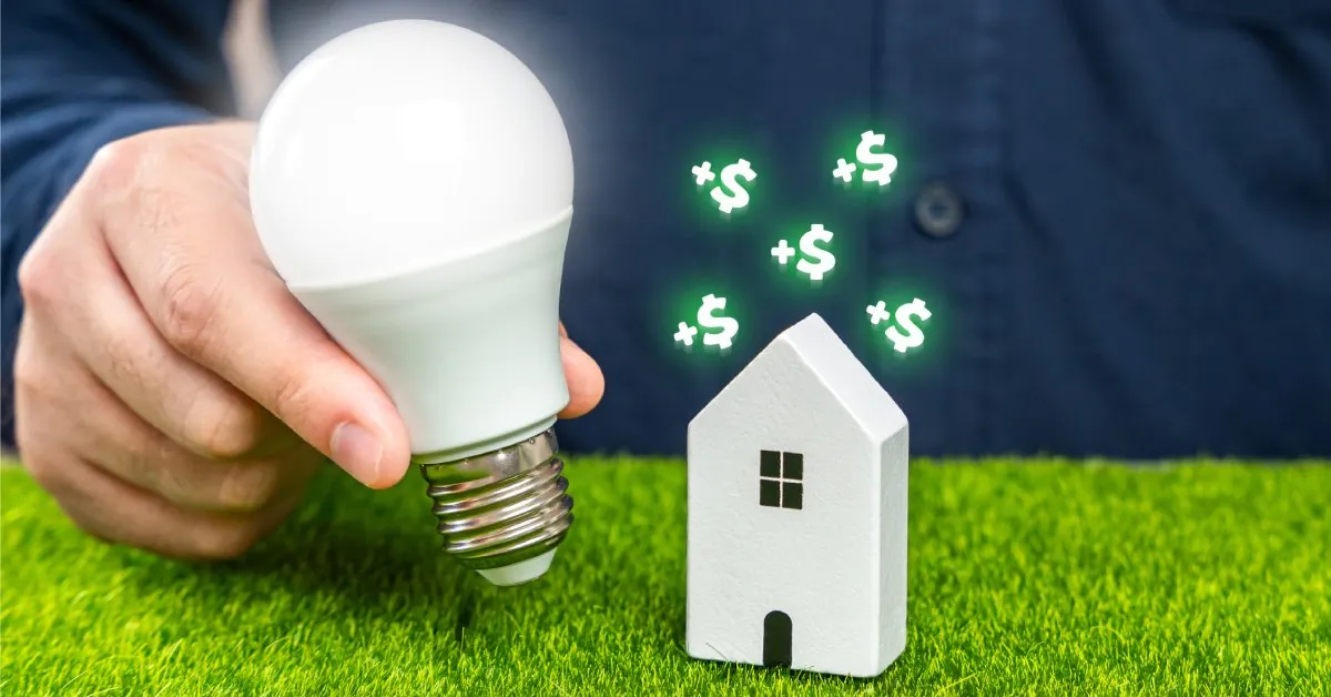Tesla Megapack Batteries: How They’re Powering the Future 2 A close-up of a hand holding a white light bulb next to a small toy house with dollar signs floating around it.