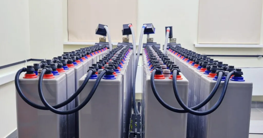 Multiple long gray batteries with interconnected cables placed next to each other inside a large white power room.