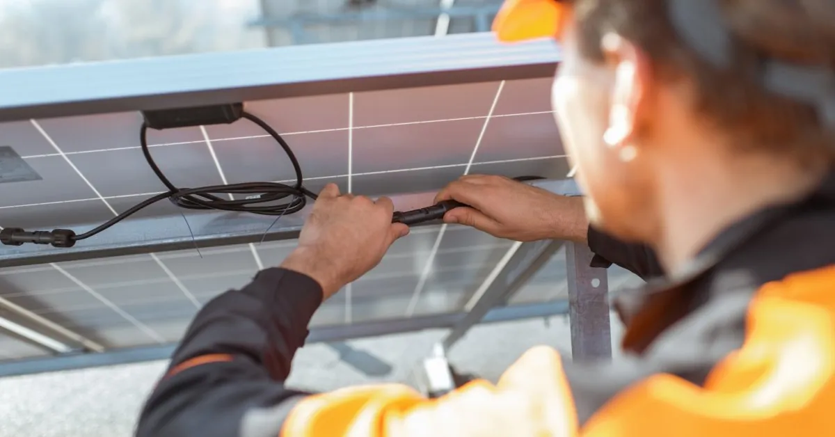 Why Hiring Solar Service Experts Matters 2 A worker wearing an orange hard hat and vest checks the connecting cables on the back of a large solar panel.