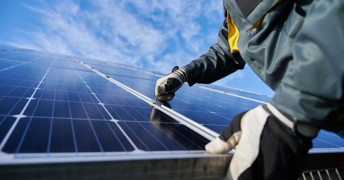 Close-up of a man wearing safety gloves and a jacket securing a large solar panel next to other panels on a roof.