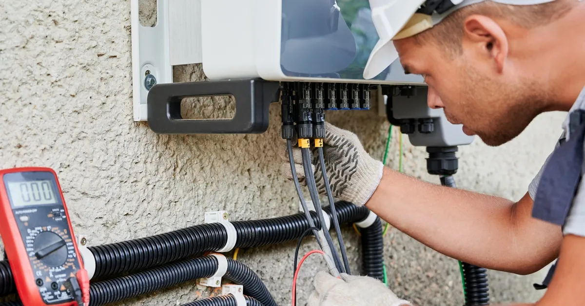Worker wearing white helmet and protection gloves connecting wires under a white power generator attached to a wall.