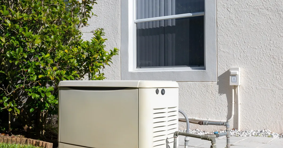 White residential power generator placed outdoors under a window, next to a bushy tree and lush green grass.