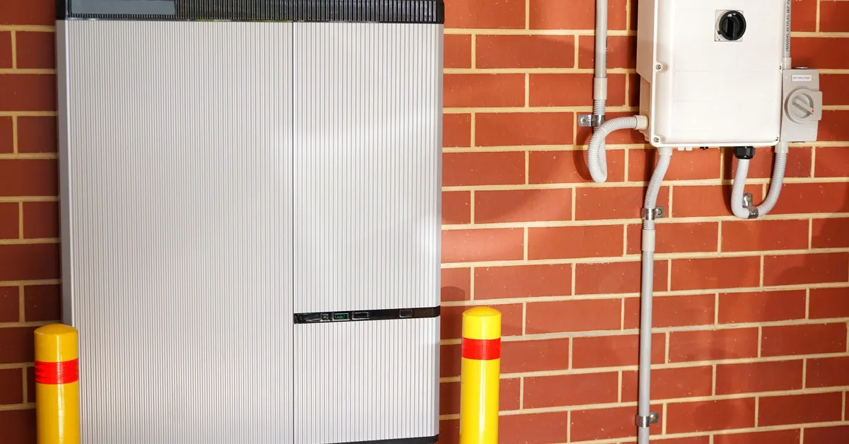 Learn 6 Large white solar battery mounted on a brick wall next to a small converter with multiple cables attached.