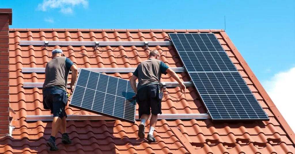 Two workers wearing brown t-shirts carrying a solar panel unit on a home roof with a white mounting system.