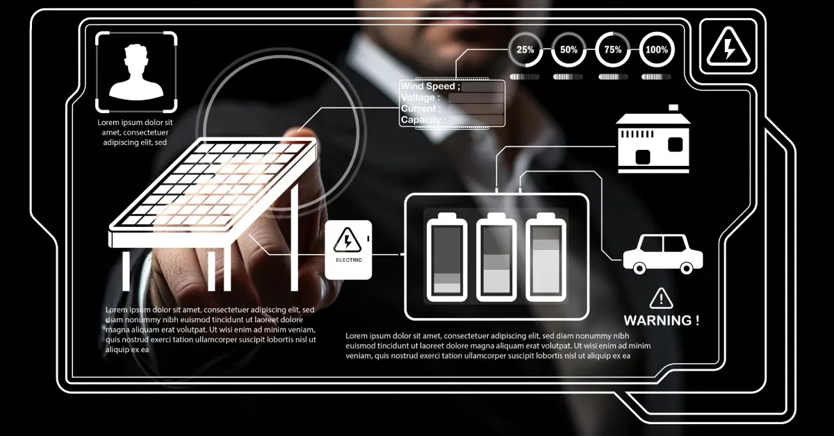 Tesla Megapack Battery Specifications and Capacity Details 2 A man touching a digital graphic floating in front of him, displaying different energy logos, information, and warnings.