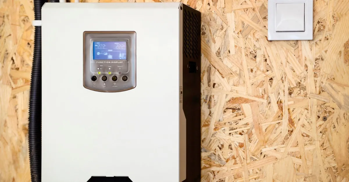 Learn 2 A solar inverter with multiple cables and a small digital screen, mounted on a brown wall between white door frames.