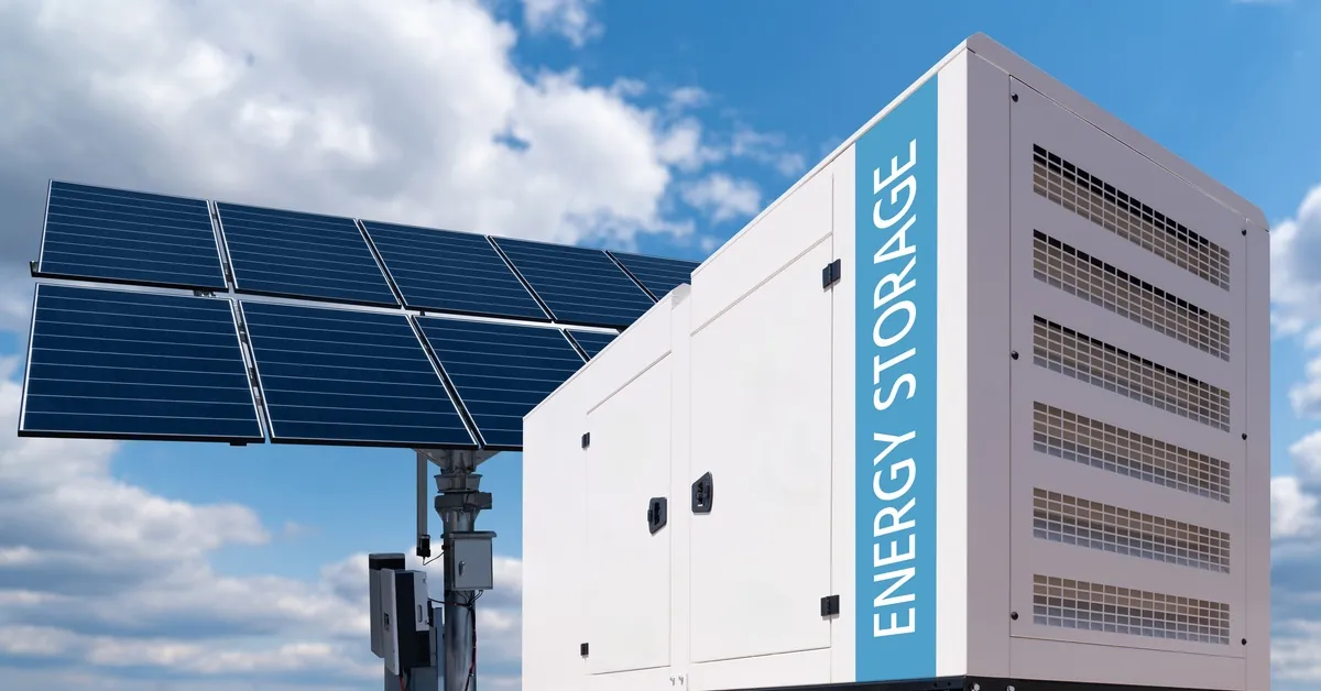 How Tesla Megapack Batteries Stabilize the Electrical Grid 2 A large power battery displaying the words “energy storage,” placed in front of a structure with solar panels.