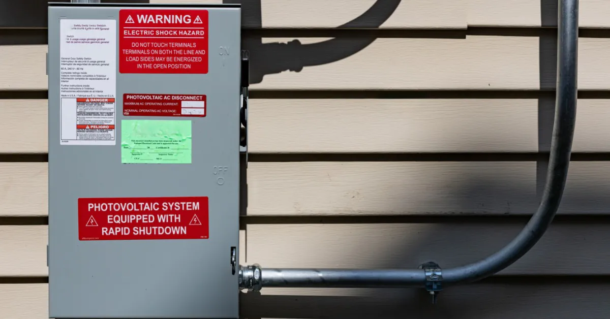 Microinverters vs. String Inverters for Home Solar Power 2 A large metal box with multiple warning labels on the front, attached to multiple tubes placed on a wall.