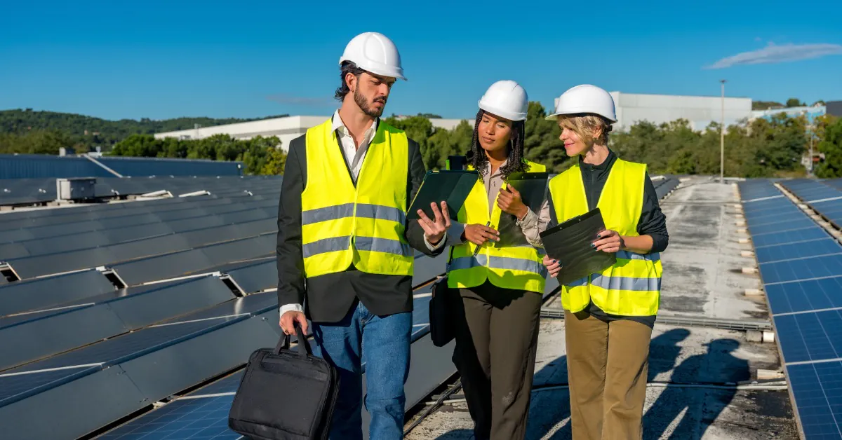 Installing Commercial Solar Panels: Asphalt vs. Metal Roofs 1 A man and two women wearing safety vests and white helmets, walking on an asphalt roof with multiple solar panels.