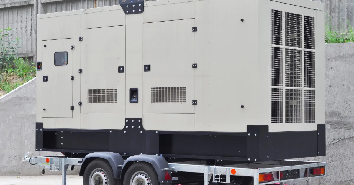Tesla Megapack Cooling and Thermal Management 2 A large metal box with three smaller doors on the side, placed on a base with wheels on a concrete floor.